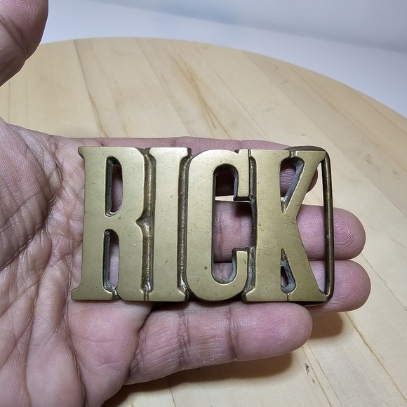 Vintage "RICK" Name ID Solid Brass Cut Out Belt Buckle shows signs of wear sold - Picture 1 of 8
